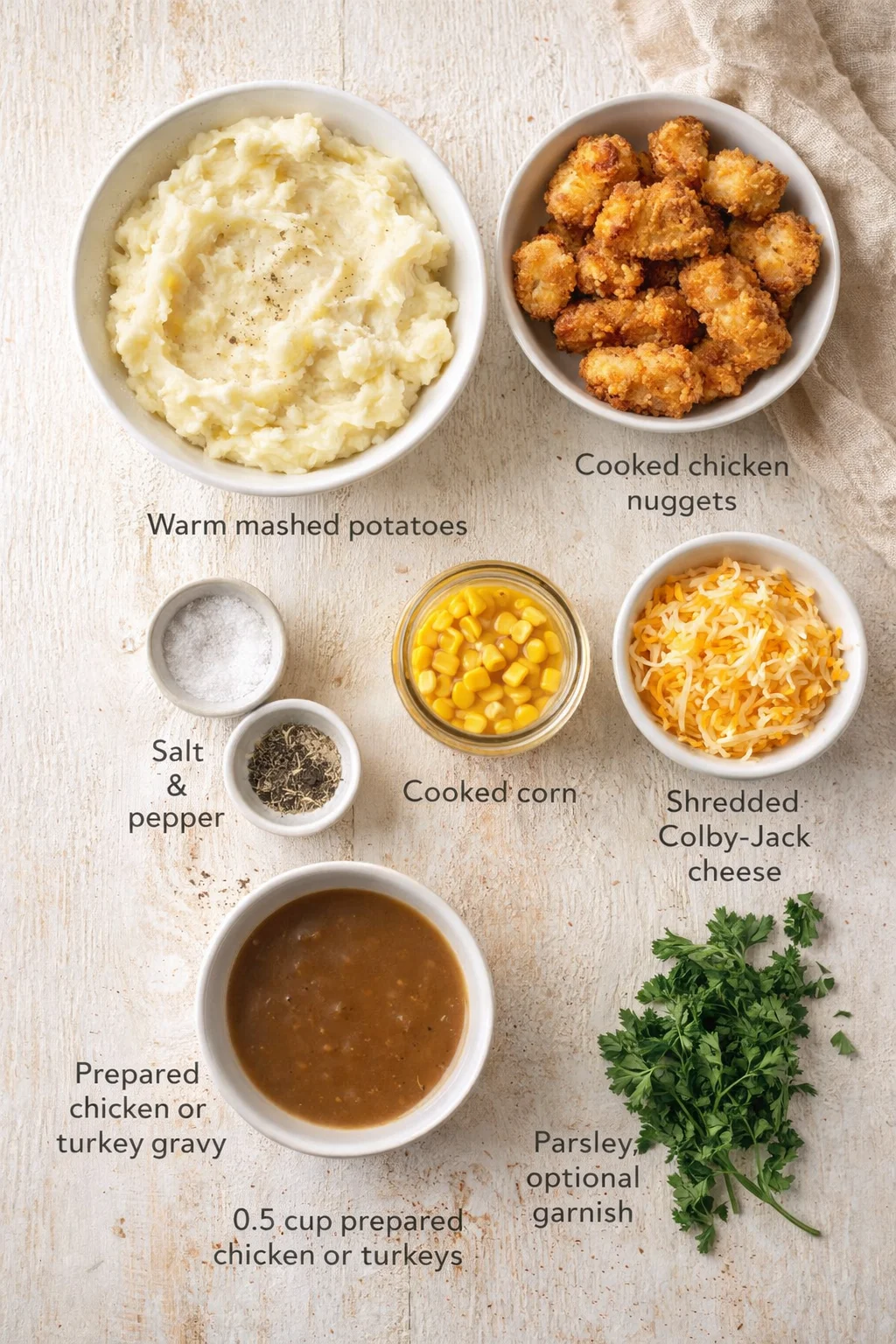 Overhead view of bowls with mashed potatoes, chicken nuggets, corn, cheese, gravy, and parsley.