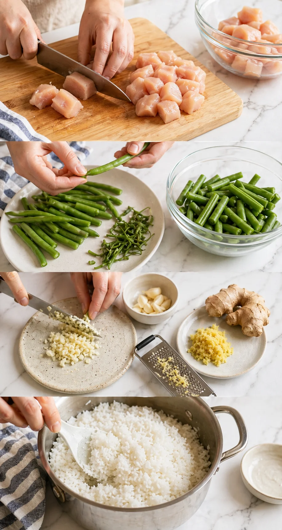 collage of prep steps including cubed chicken, green beans, chopped garlic and ginger, and cooking rice