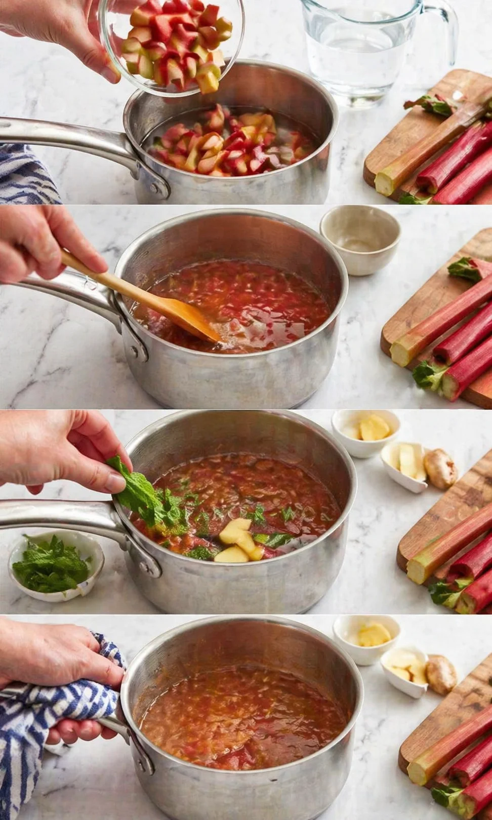 Step-by-step collage showing rhubarb being chopped and simmered into a red rhubarb compote in a metal pot.