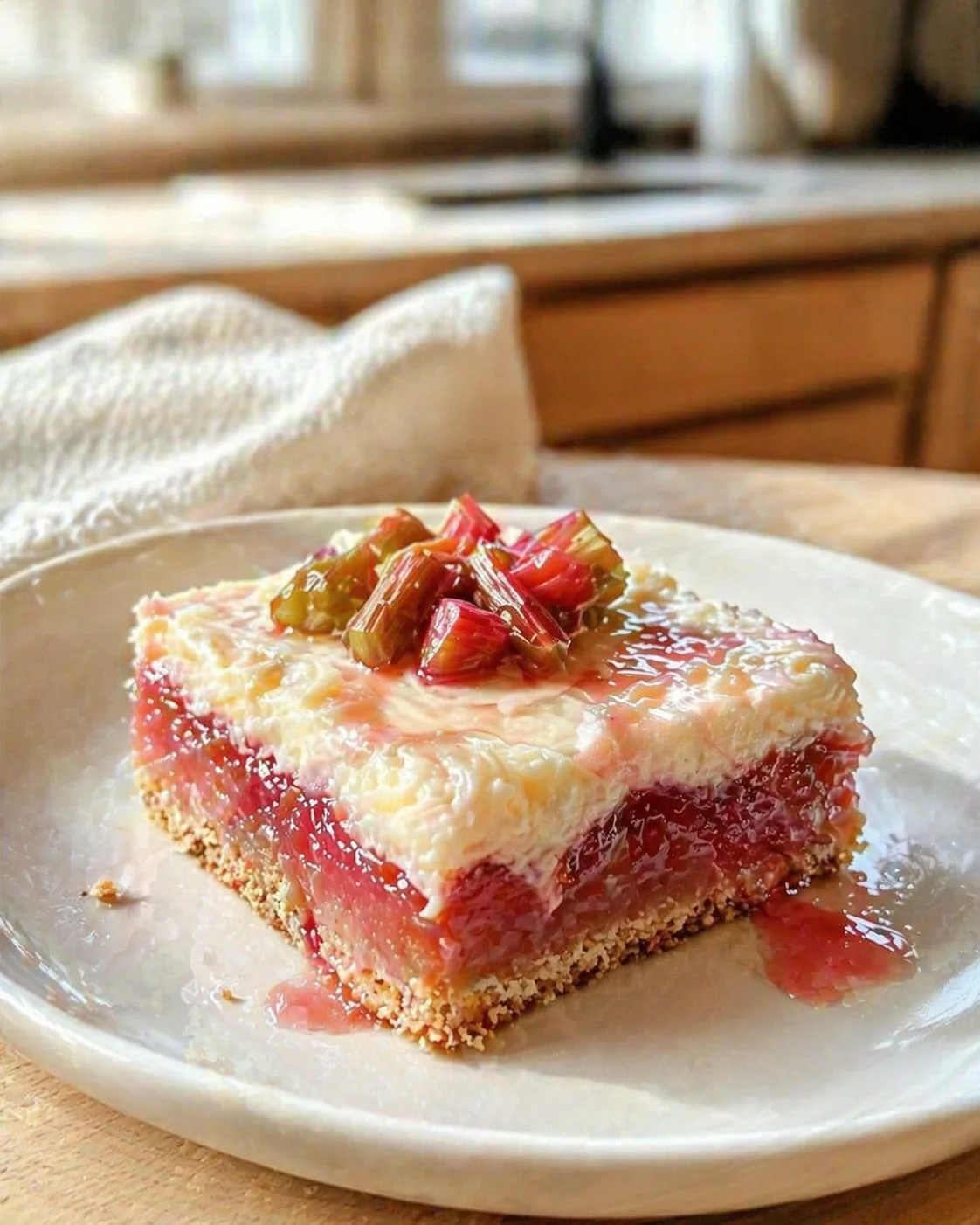 A plated dessert square with crumb crust, pink rhubarb filling, creamy top, and chopped rhubarb garnish on a wooden table.