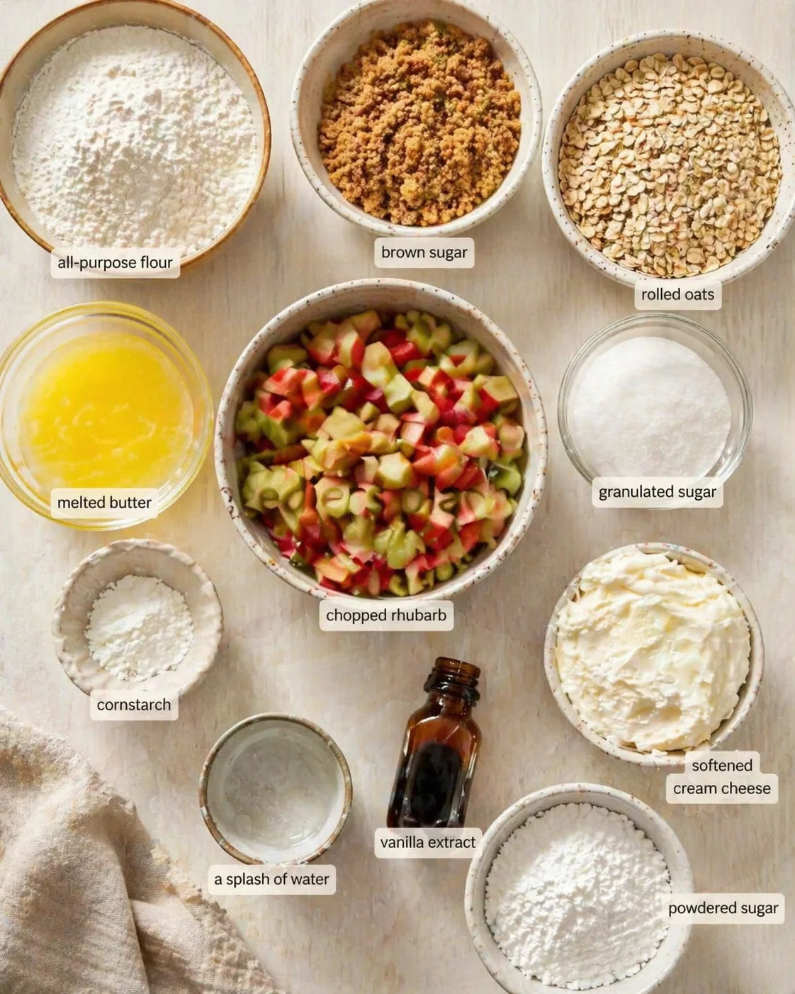Overhead view of bowls with rhubarb, sugar, flour, and cream cheese ingredients.