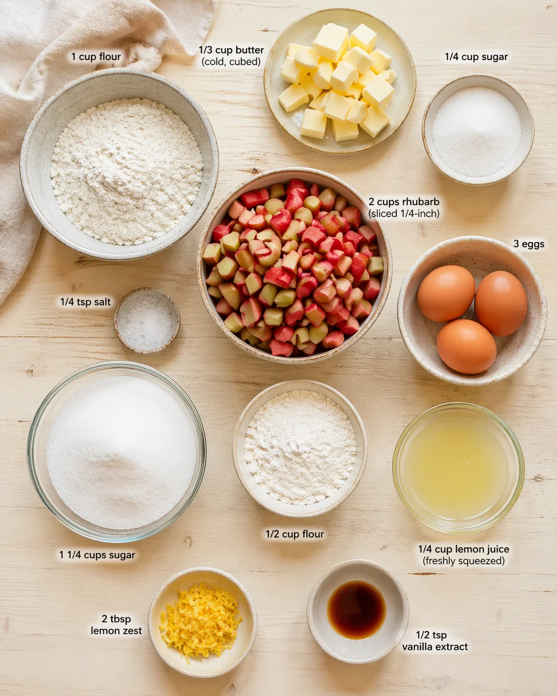 Top-down view of a rhubarb ingredients layout with flour, sugar, butter, eggs, lemon juice and zest, vanilla, and salt.