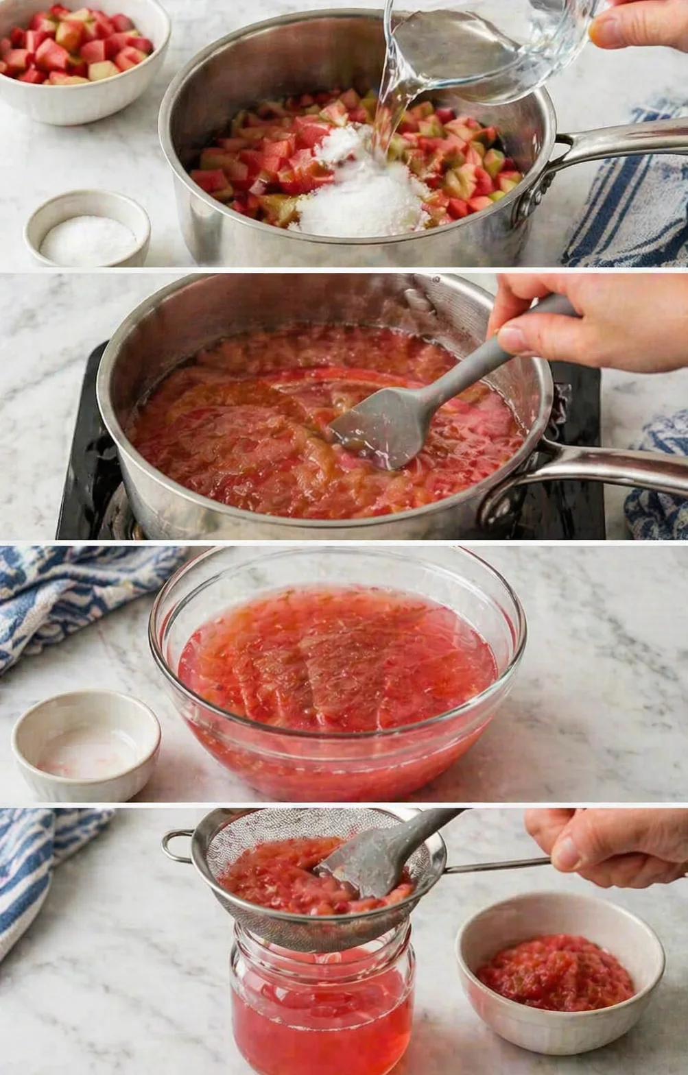 four-panel collage showing rhubarb jam-making: chopped rhubarb, sugar, simmering mixture, and strained juice
