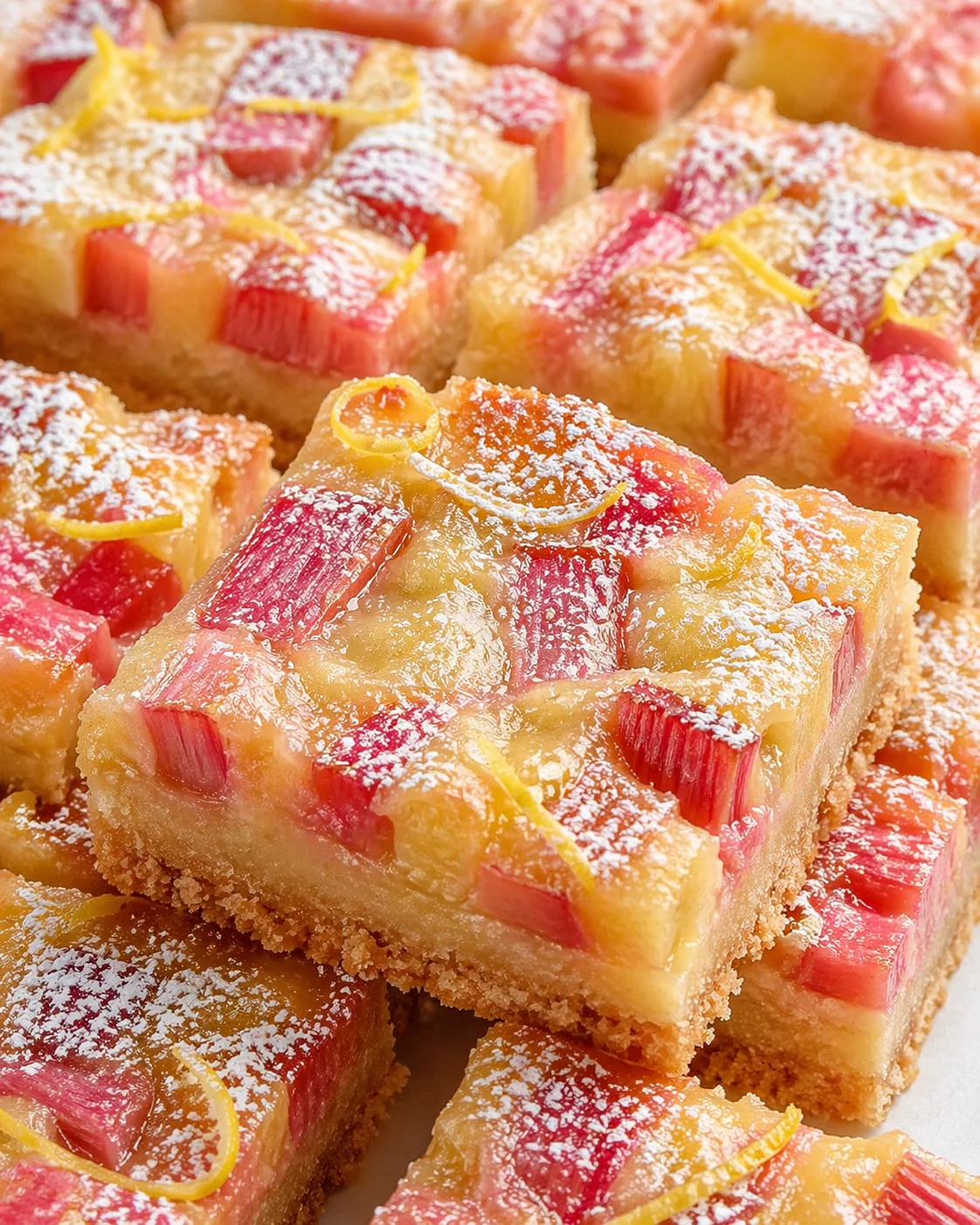 Close-up of rhubarb-lemon bars with powdered sugar and crumb crust.