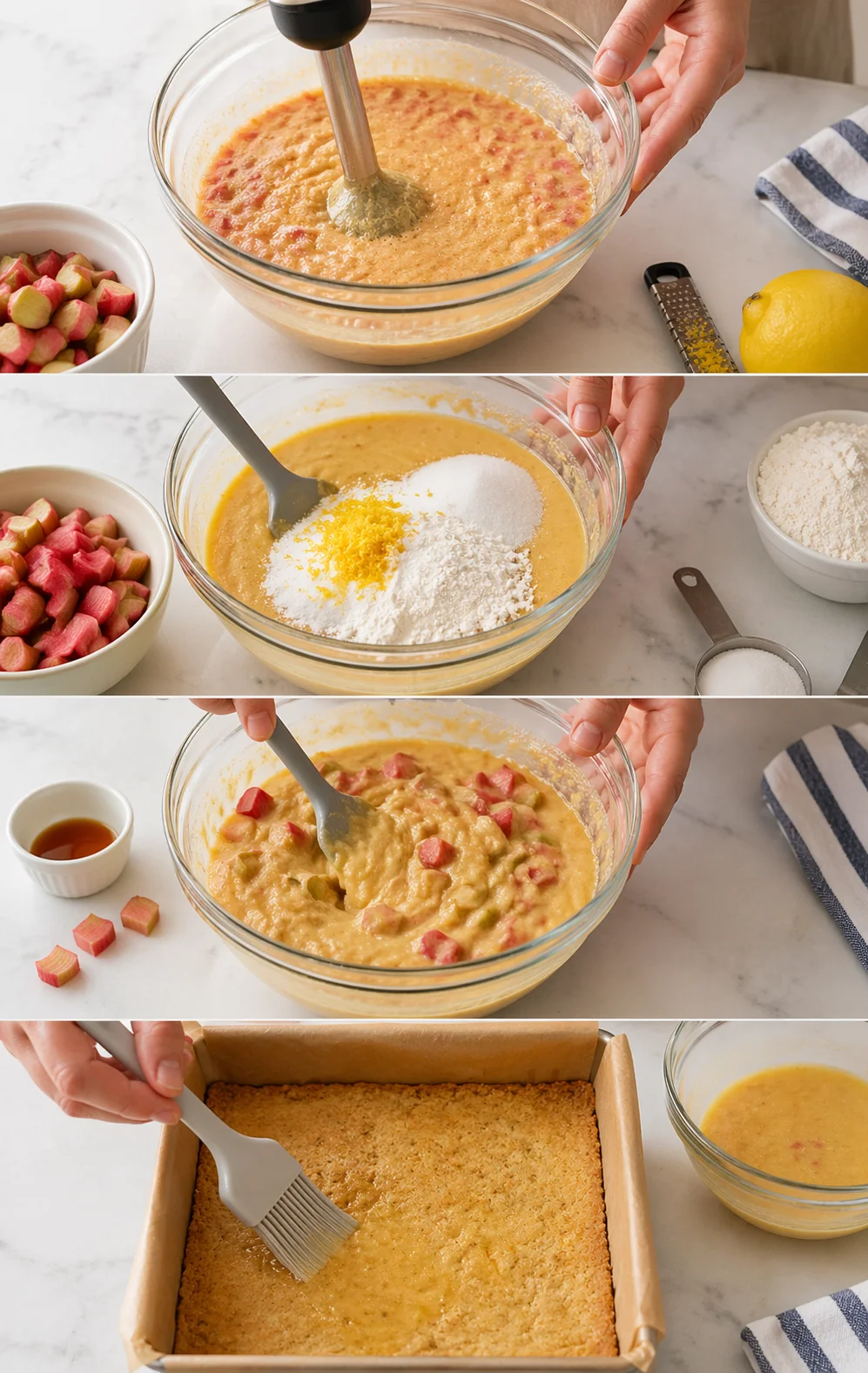 Five-panel collage showing rhubarb-lemon batter being mixed, ingredients added, and spread into a baking pan.
