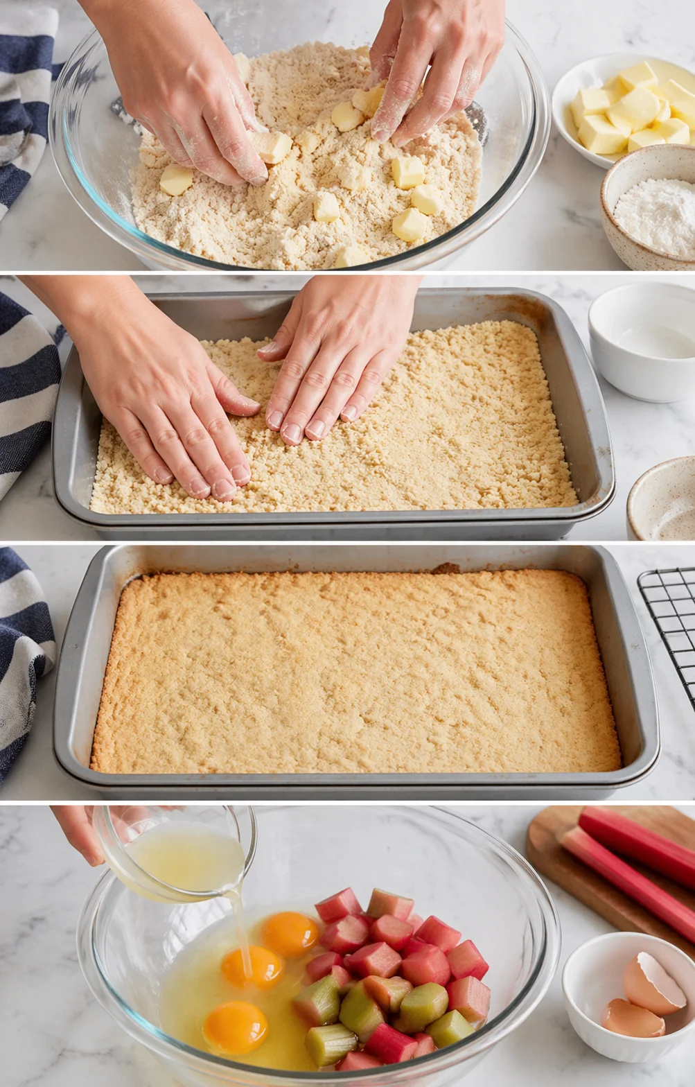 Hands mix butter into flour, press crumb crust into pan, rhubarb and eggs nearby.