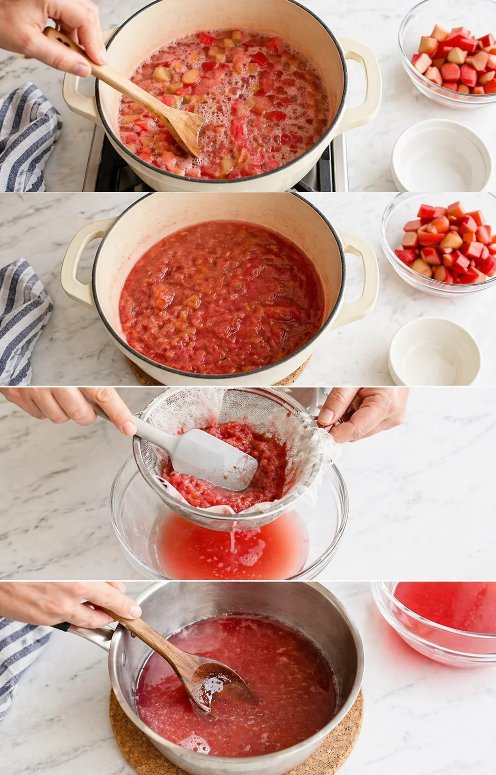 collage showing rhubarb-strawberry jam steps: cooking, thickening, straining in a cream pot with bowls nearby