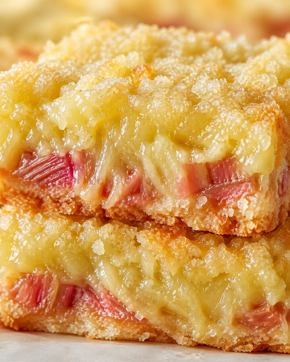 Close-up of rhubarb crumb cake with streusel topping and creamy filling