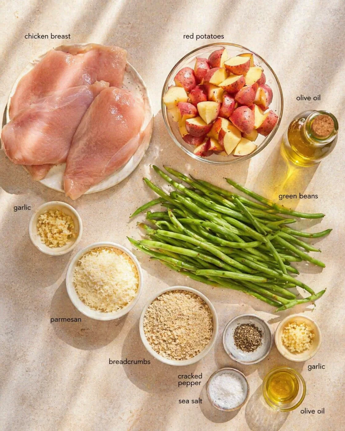 Overhead view of raw ingredients on parchment: chicken breasts, potatoes, green beans, breadcrumbs, parmesan, and seasonings.