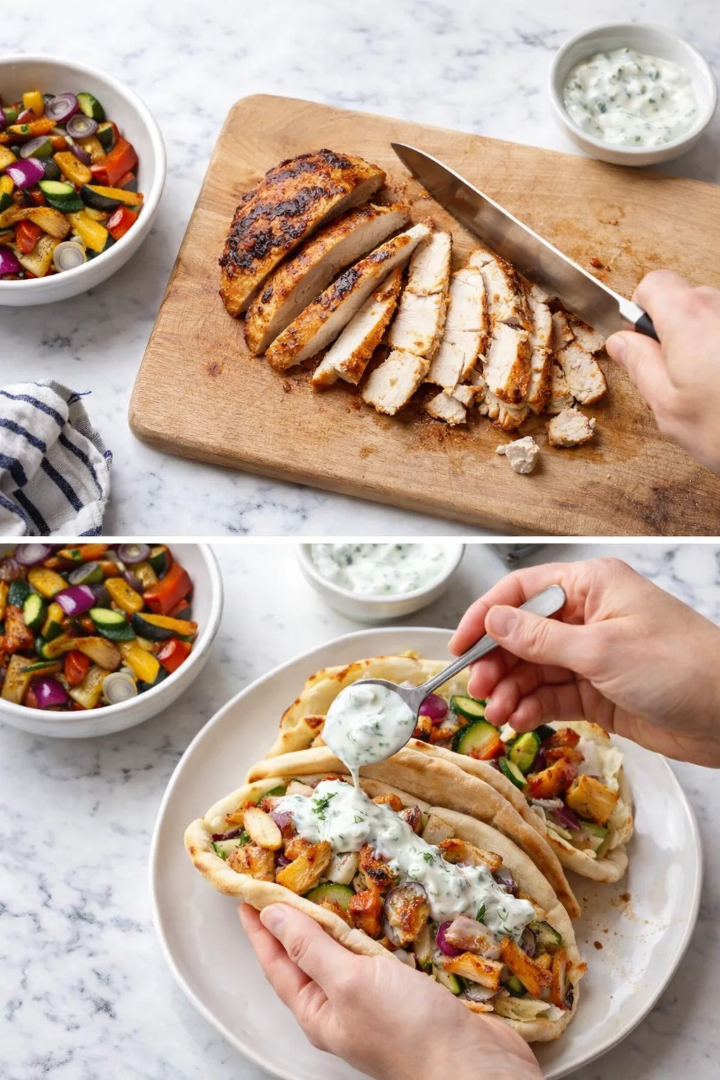 Sliced roasted chicken on a cutting board with colorful vegetables and herb yogurt sauce; wraps on plate.