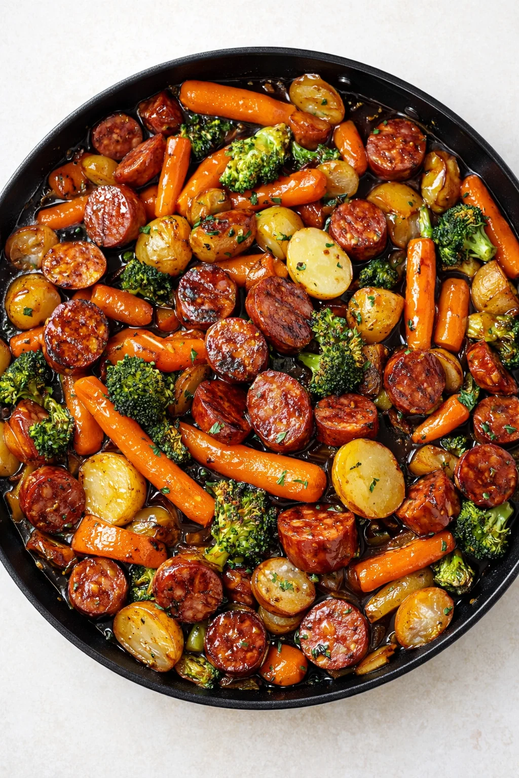 top-down view of a cast-iron skillet filled with roasted sausage, potatoes, carrots, broccoli and onions
