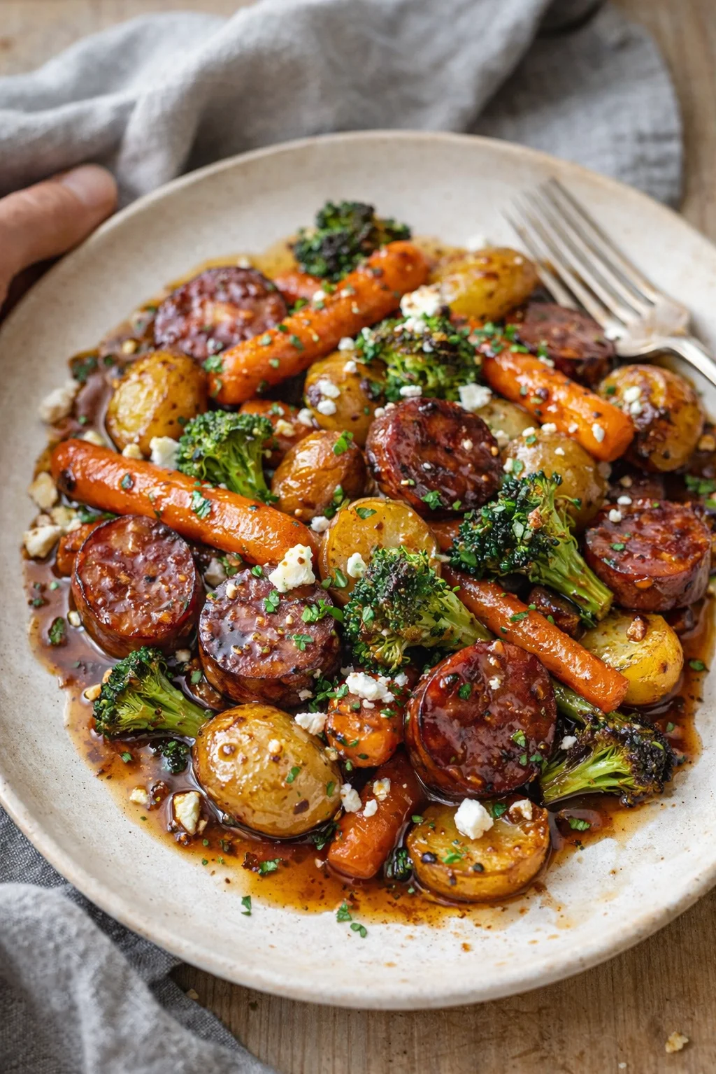 platter of roasted sausage slices with potatoes, carrots, broccoli, and crumbled feta