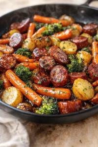 cast-iron skillet of roasted sausage, potatoes, carrots, and broccoli with herbs