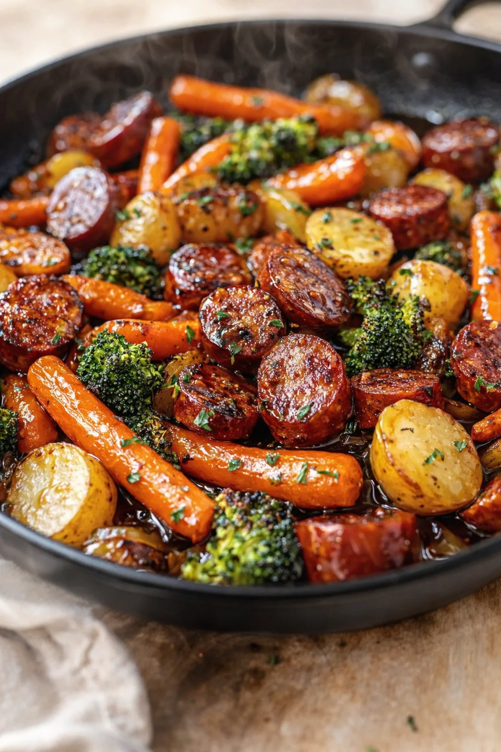 cast-iron skillet of roasted sausage, potatoes, carrots, and broccoli with herbs