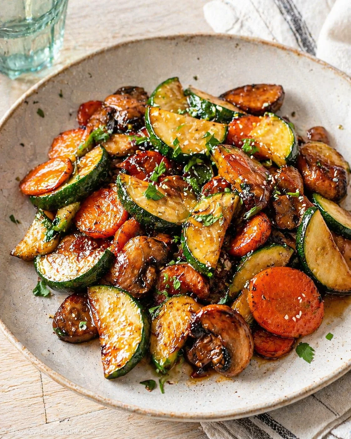 rustic ceramic plate of glazed roasted zucchini, carrots, and mushrooms with parsley