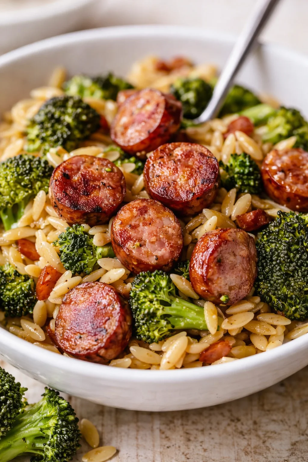 White bowl of orzo pasta with sliced sausage and broccoli florets, spoon tucked in.