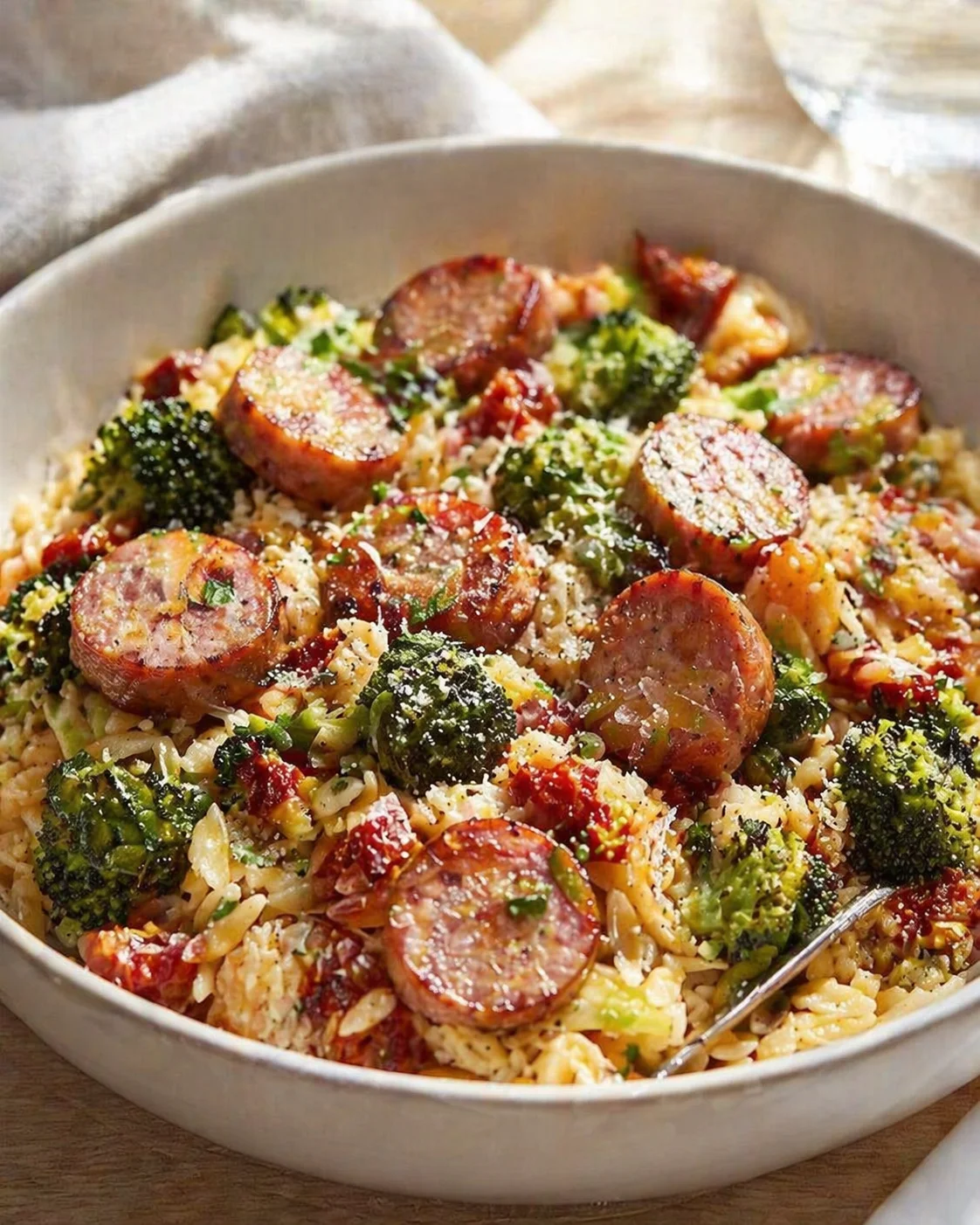 hearty sausage rounds over broccoli and parmesan-topped rice in a white bowl