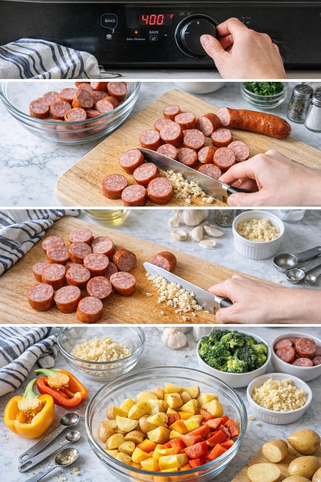 four-panel kitchen prep collage showing sausage slices, minced garlic, and chopped vegetables for roasting