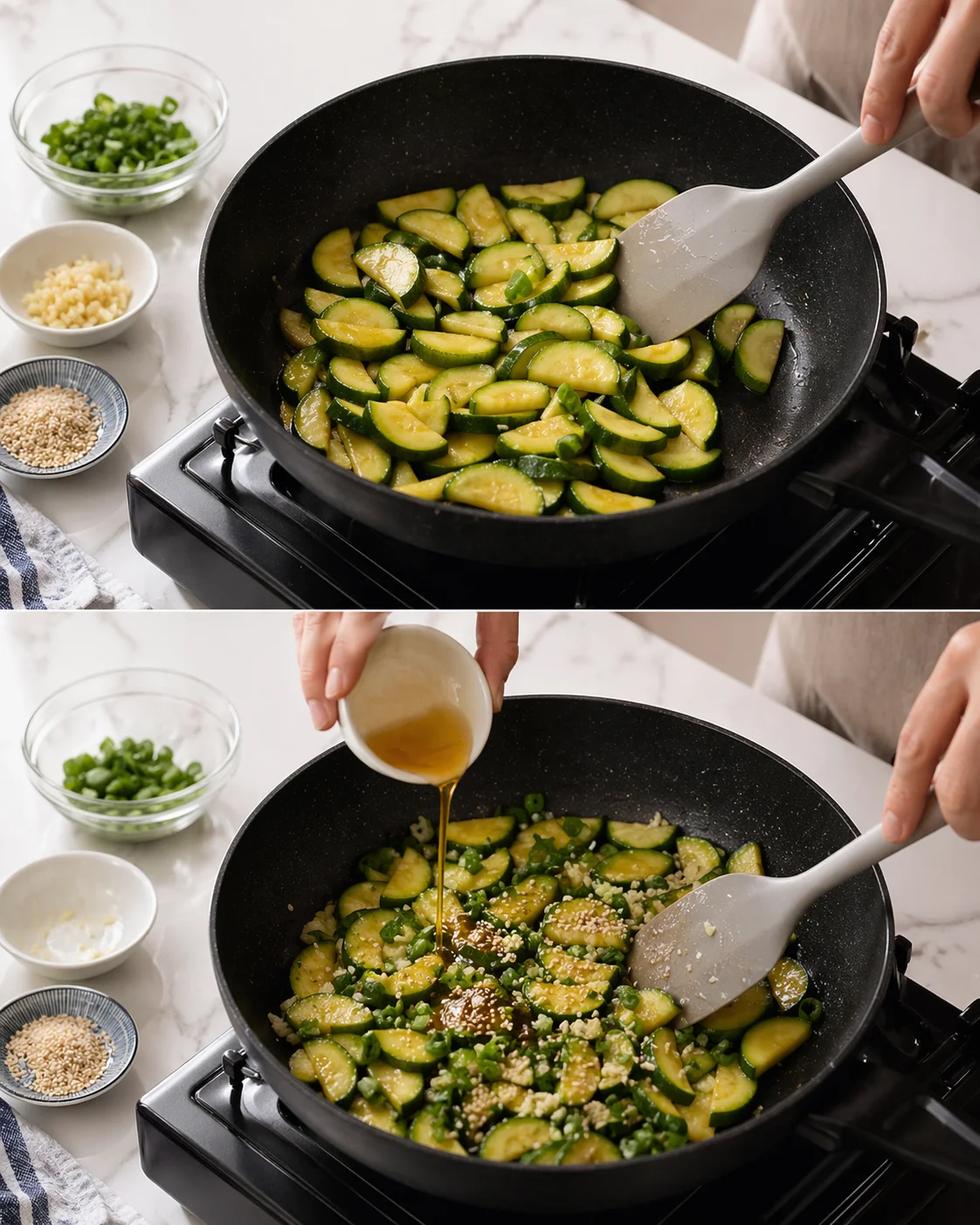 Two-panel view of zucchini slices sautéing in a black skillet, with bowls of toppings nearby.