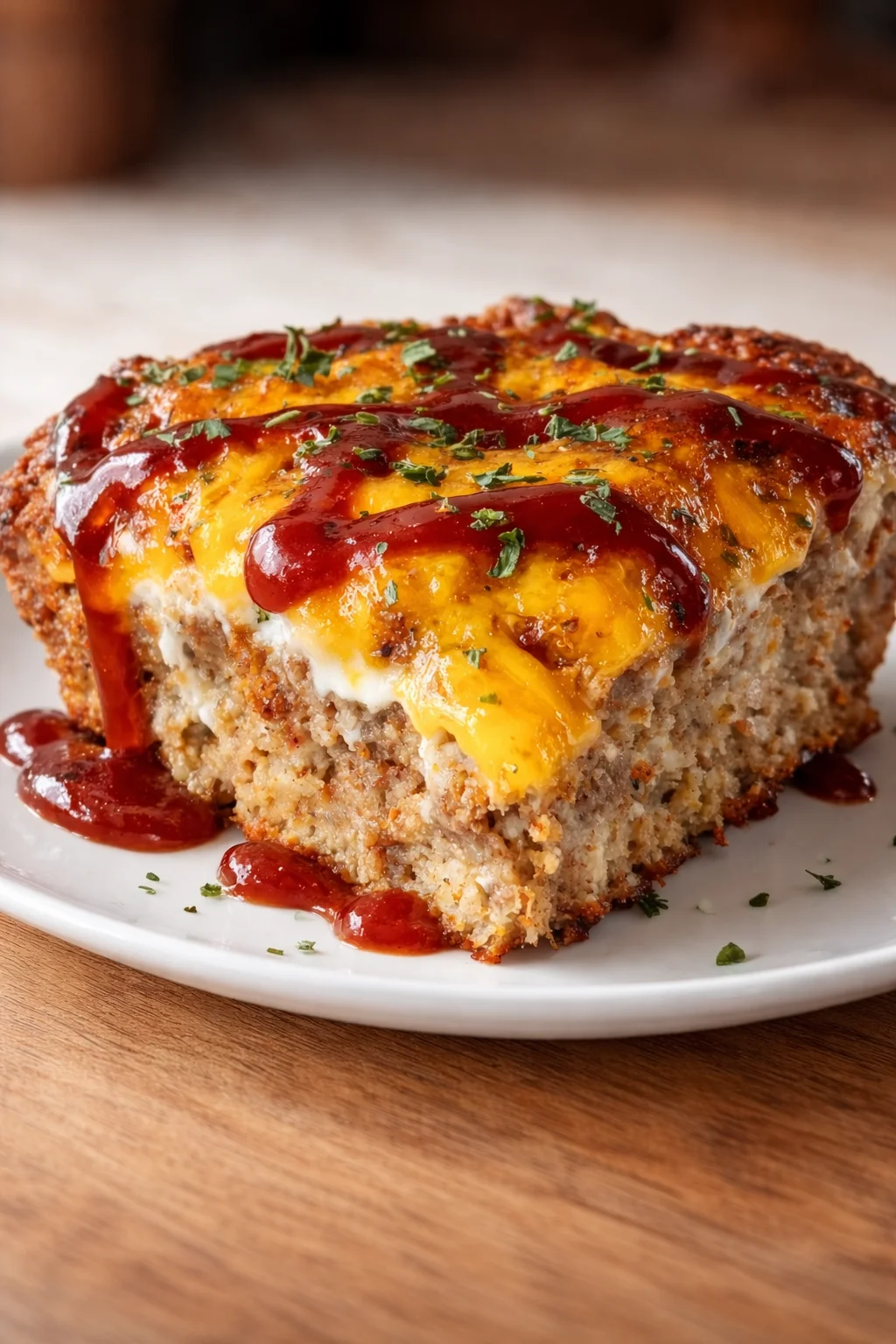 A thick slice of meatloaf with melted cheddar, drizzled barbecue sauce, and chopped parsley on a white plate