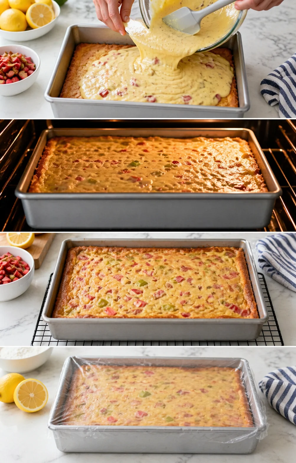 Rectangular pan filled with golden baked custard-like batter studded with red and green peppers.