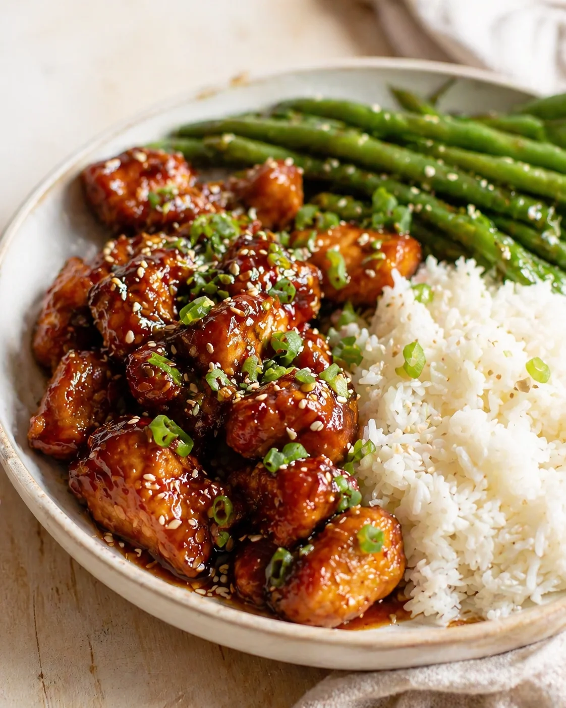 Glazed sesame chicken bites with white rice and green beans on a ceramic plate.