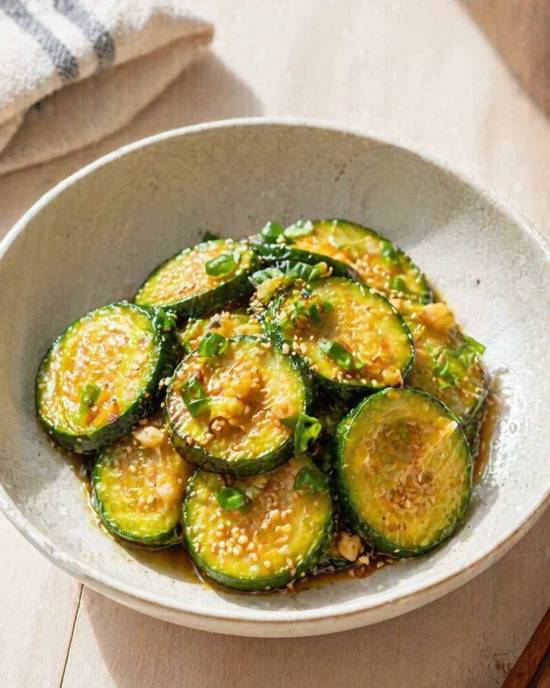round zucchini slices glazed with sesame, garnished with green onions in a light ceramic bowl