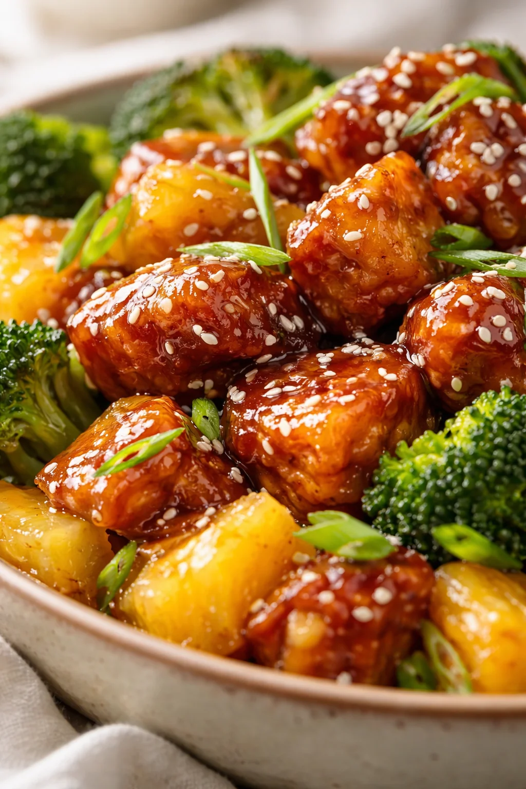 Glazed sesame chicken bites with broccoli and potatoes on a shallow, cream-colored bowl.