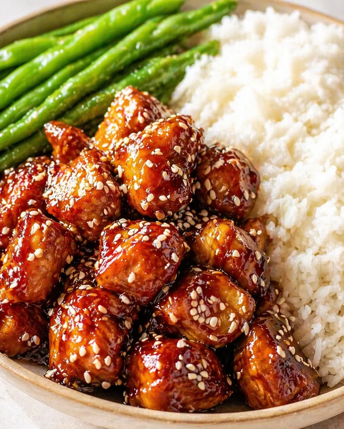 glossy sesame-glazed meatballs served with rice and asparagus on a plate