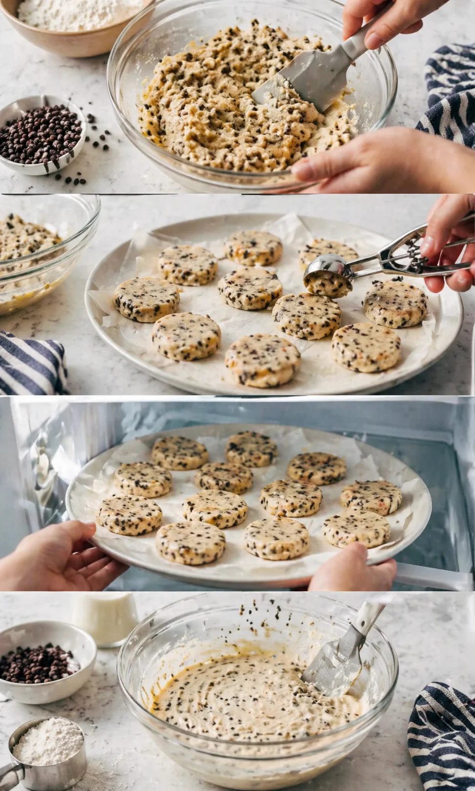 Collage showing mixing dough, shaping sesame-seed cookies on parchment, and cookies baking in oven