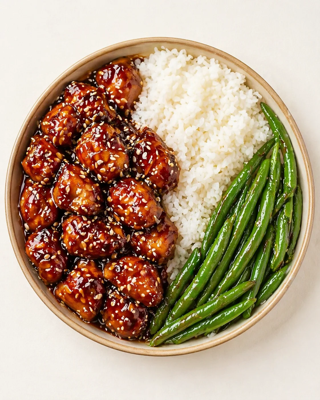 round bowl with glossy teriyaki chicken, white rice, and bright green beans