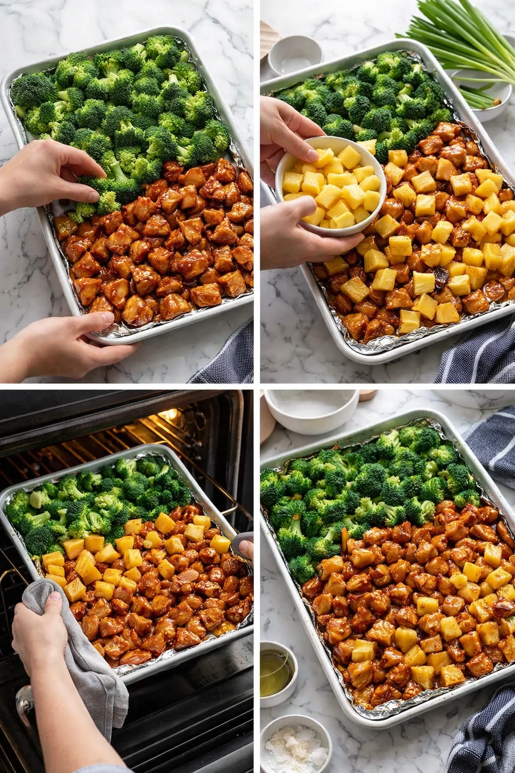 sheet-pan with broccoli florets, pineapple chunks, and glazed chicken ready for roasting on marble countertop