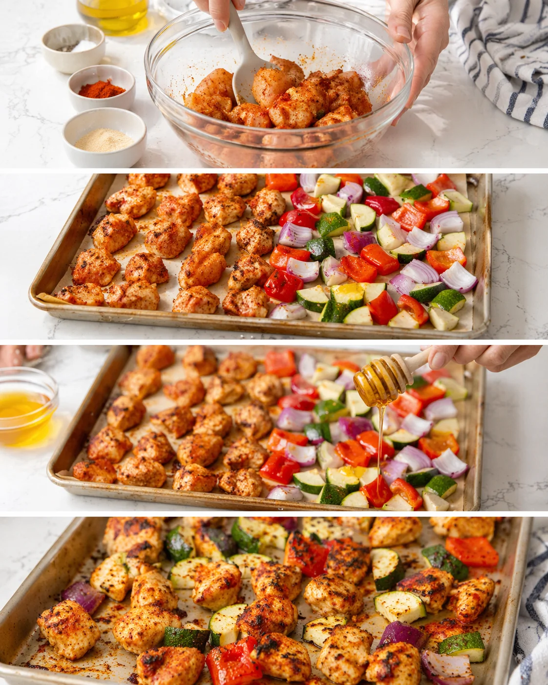 series showing marinated chicken meatballs and colorful vegetables on a baking sheet