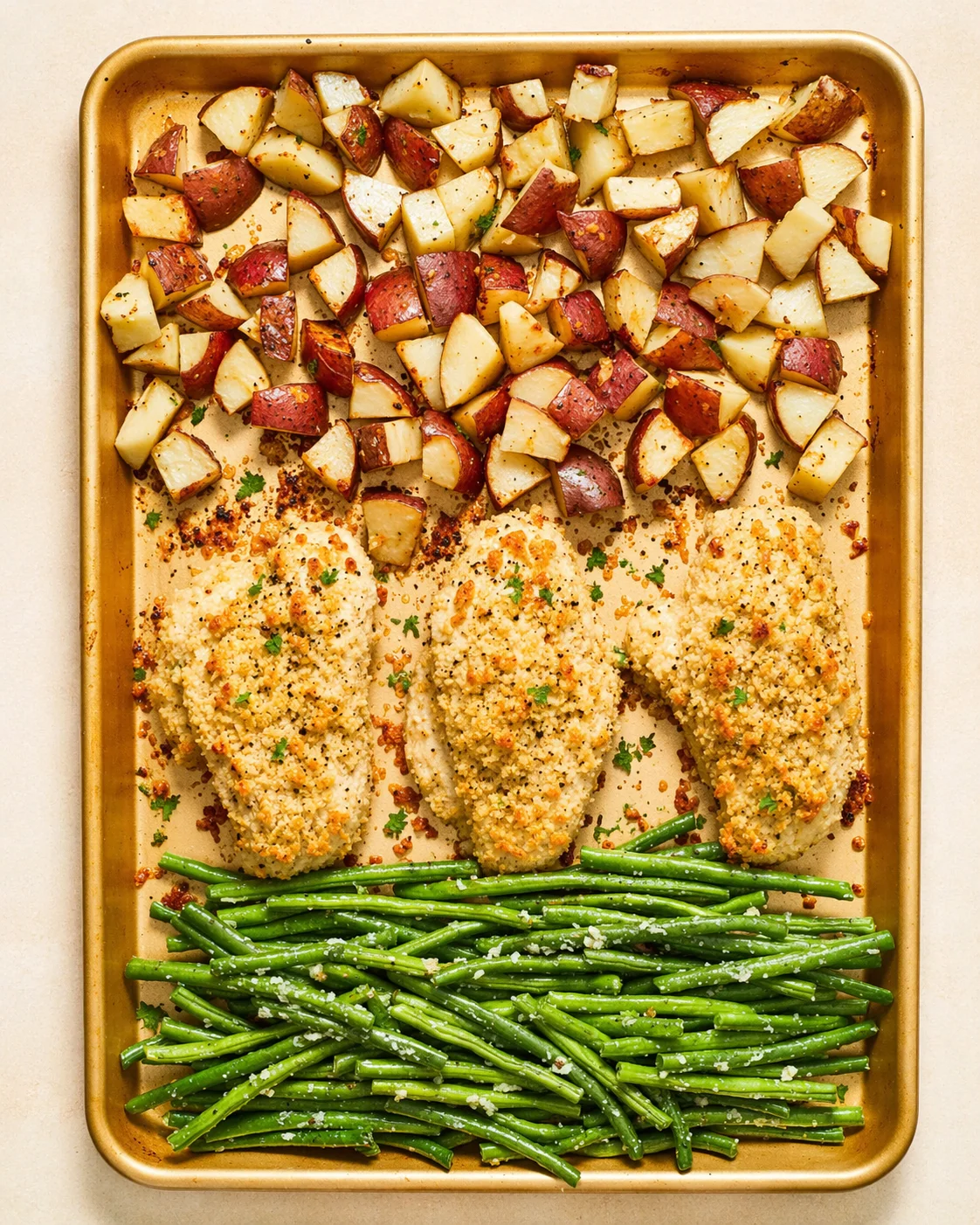 sheet pan dinner with roasted potatoes, crumb-coated chicken, and green beans