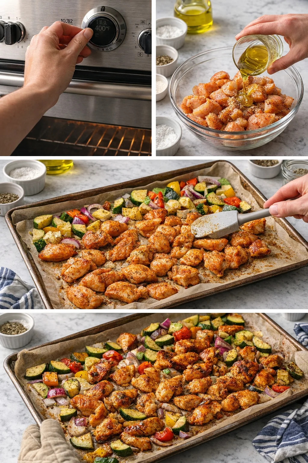 Collage showing preheating oven, mixing cubed chicken with oil, and roasting with vegetables on a sheet pan.