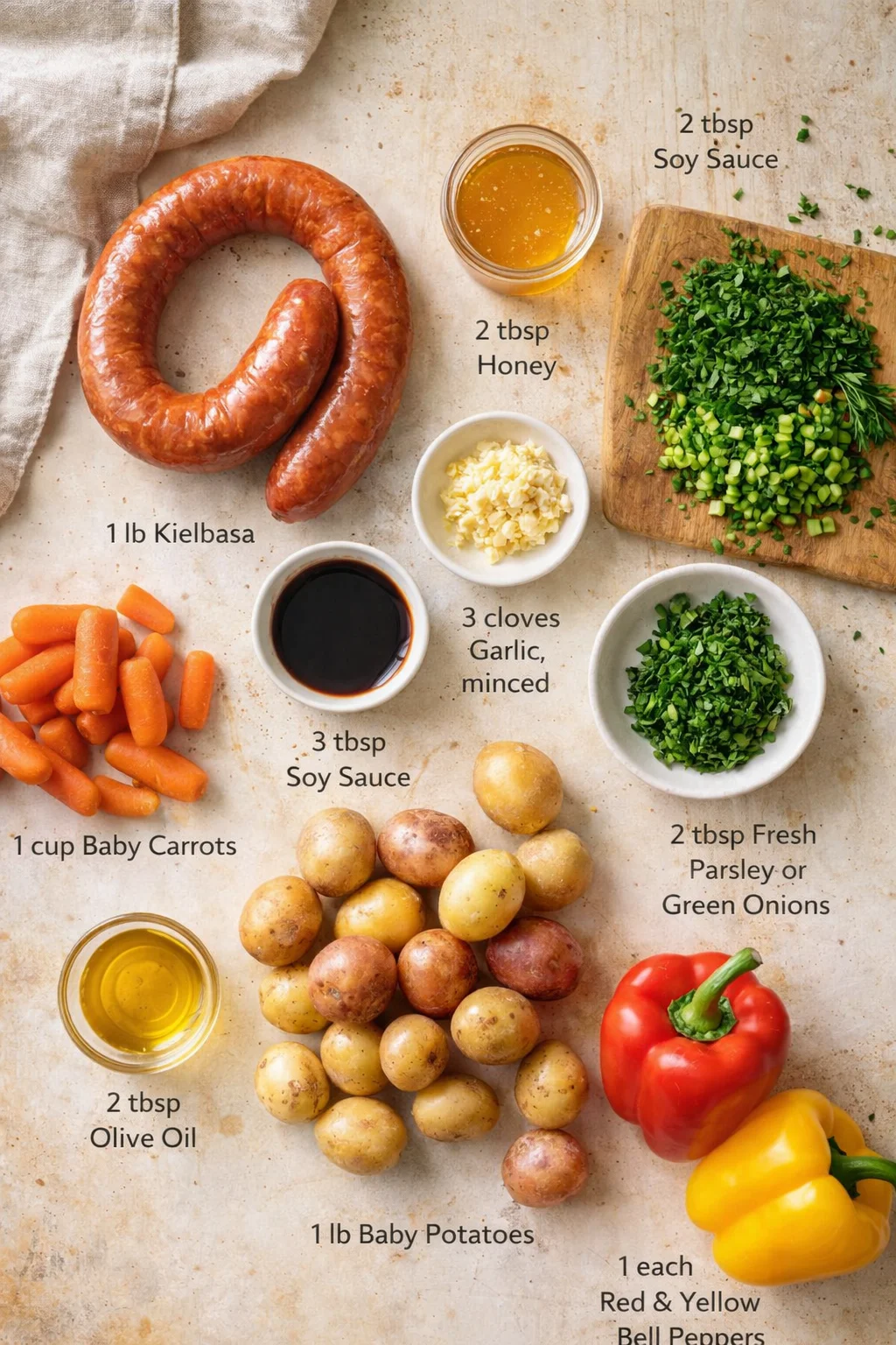 Overhead view of kielbasa, potatoes, peppers, carrots, greens, and sauces on parchment.