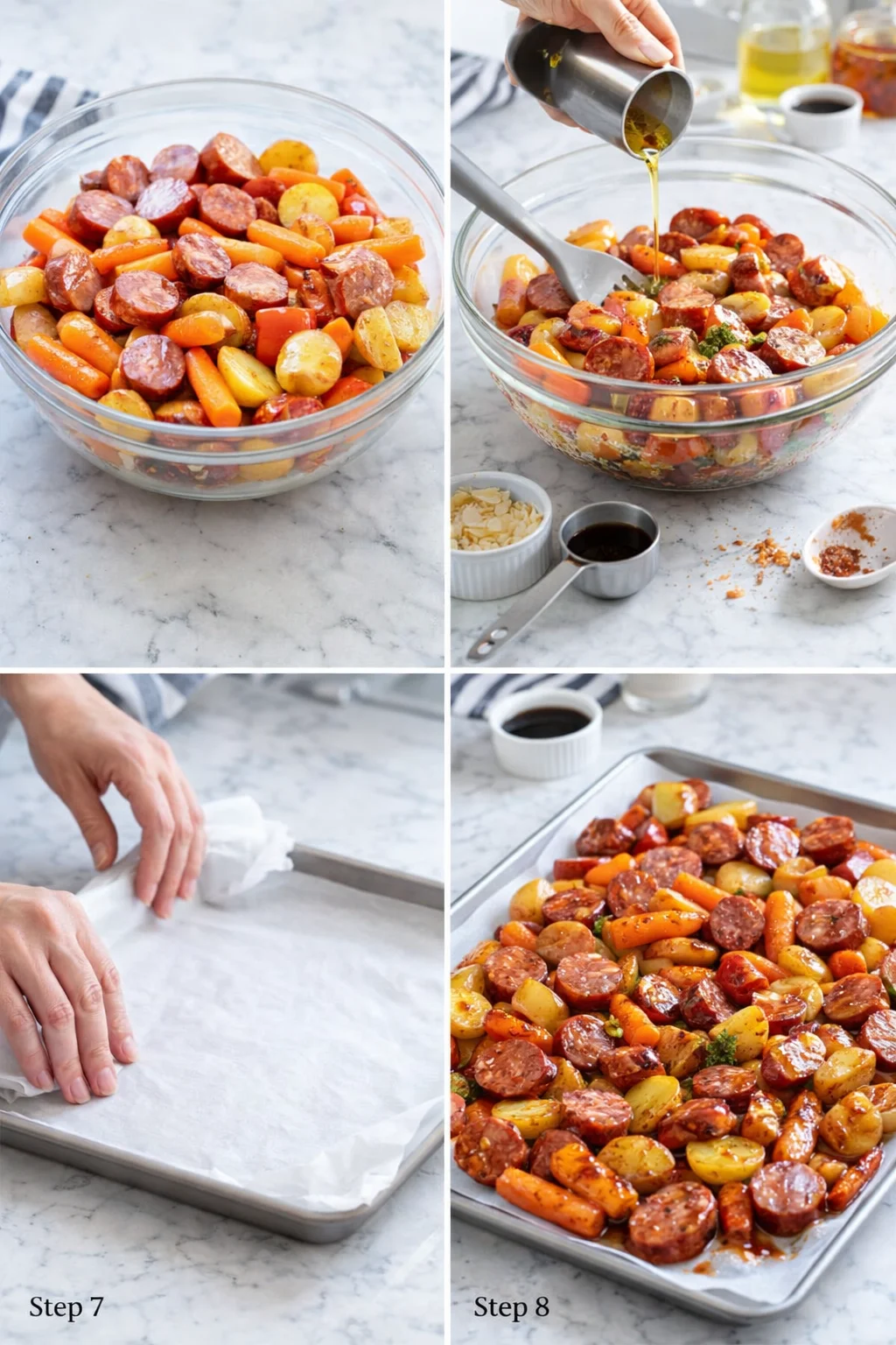 Collage of colorful sausage and vegetables in a glass bowl and on a parchment-lined baking sheet.
