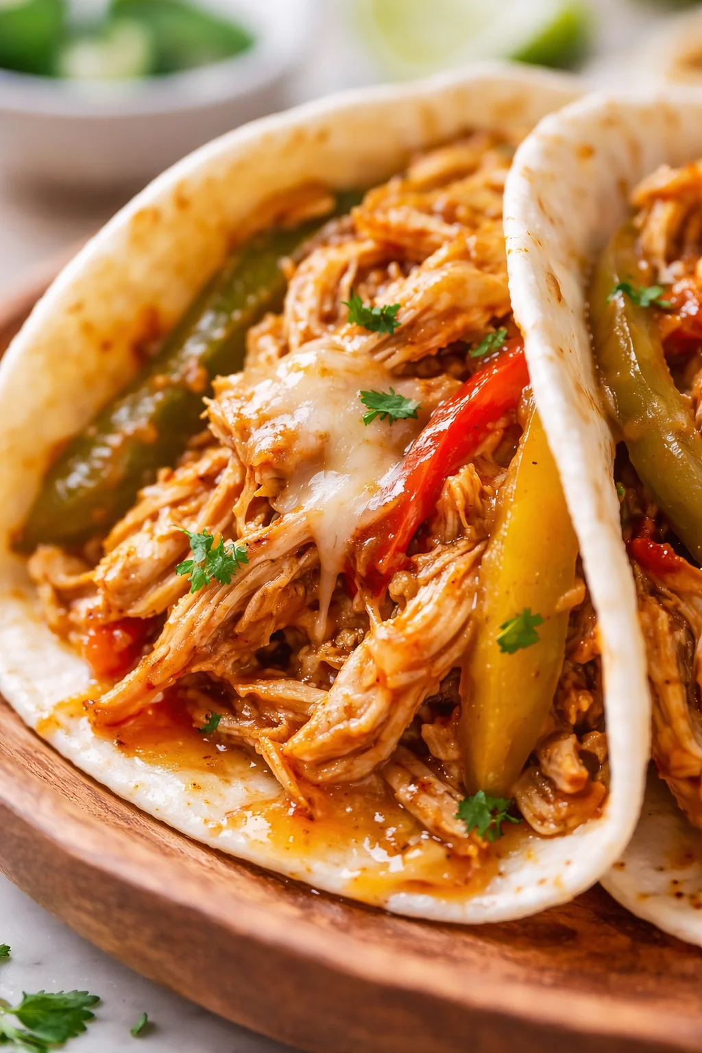Close-up of shredded-chicken tacos with peppers, cilantro, and melted cheese.