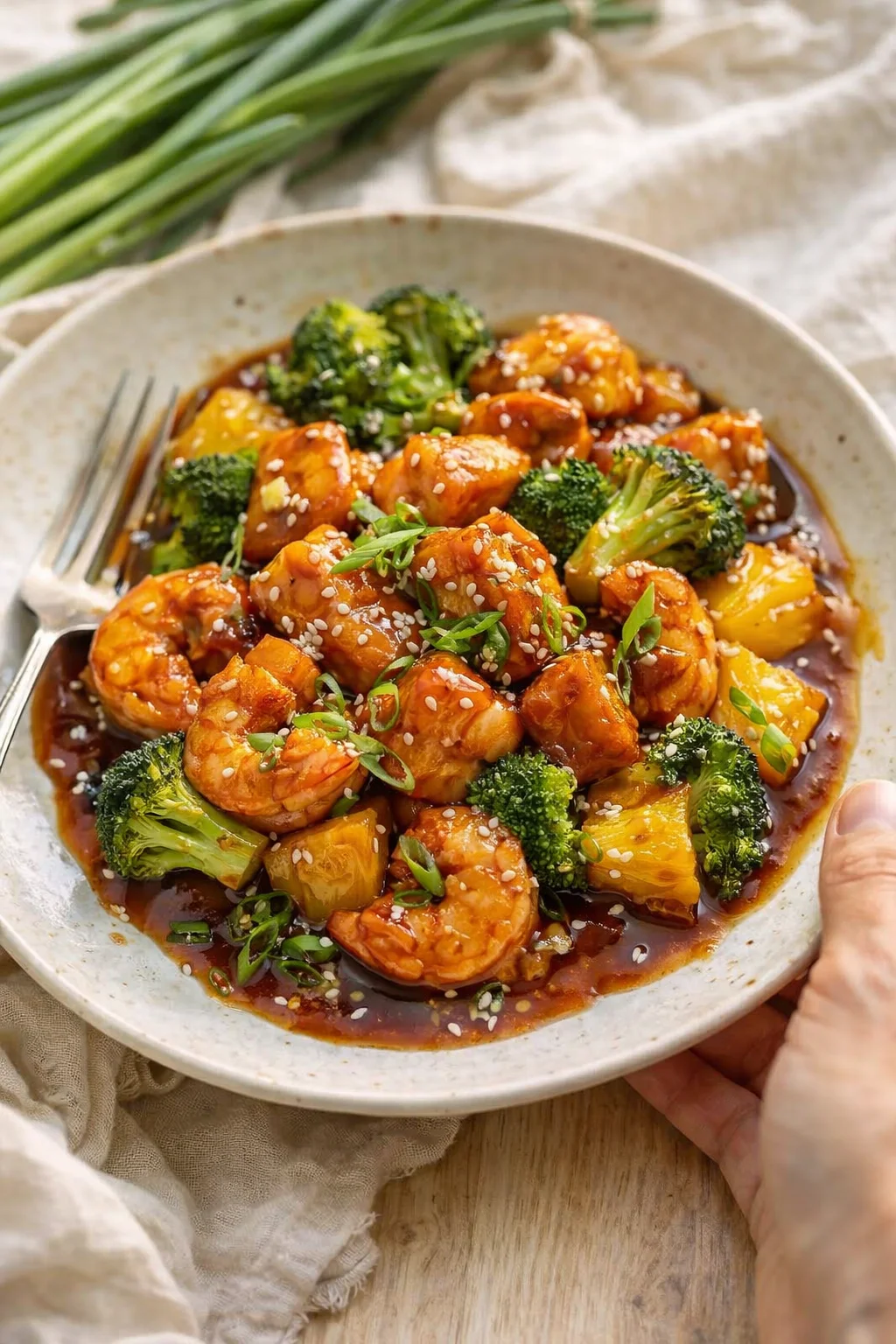 bowl of orange-glazed shrimp with broccoli, sesame seeds, and green onions