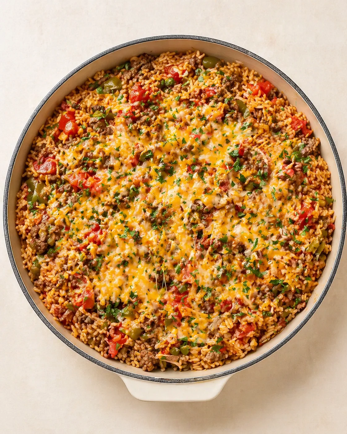 Overhead view of a skillet-cheesy-beef-rice dish with peppers and herbs.