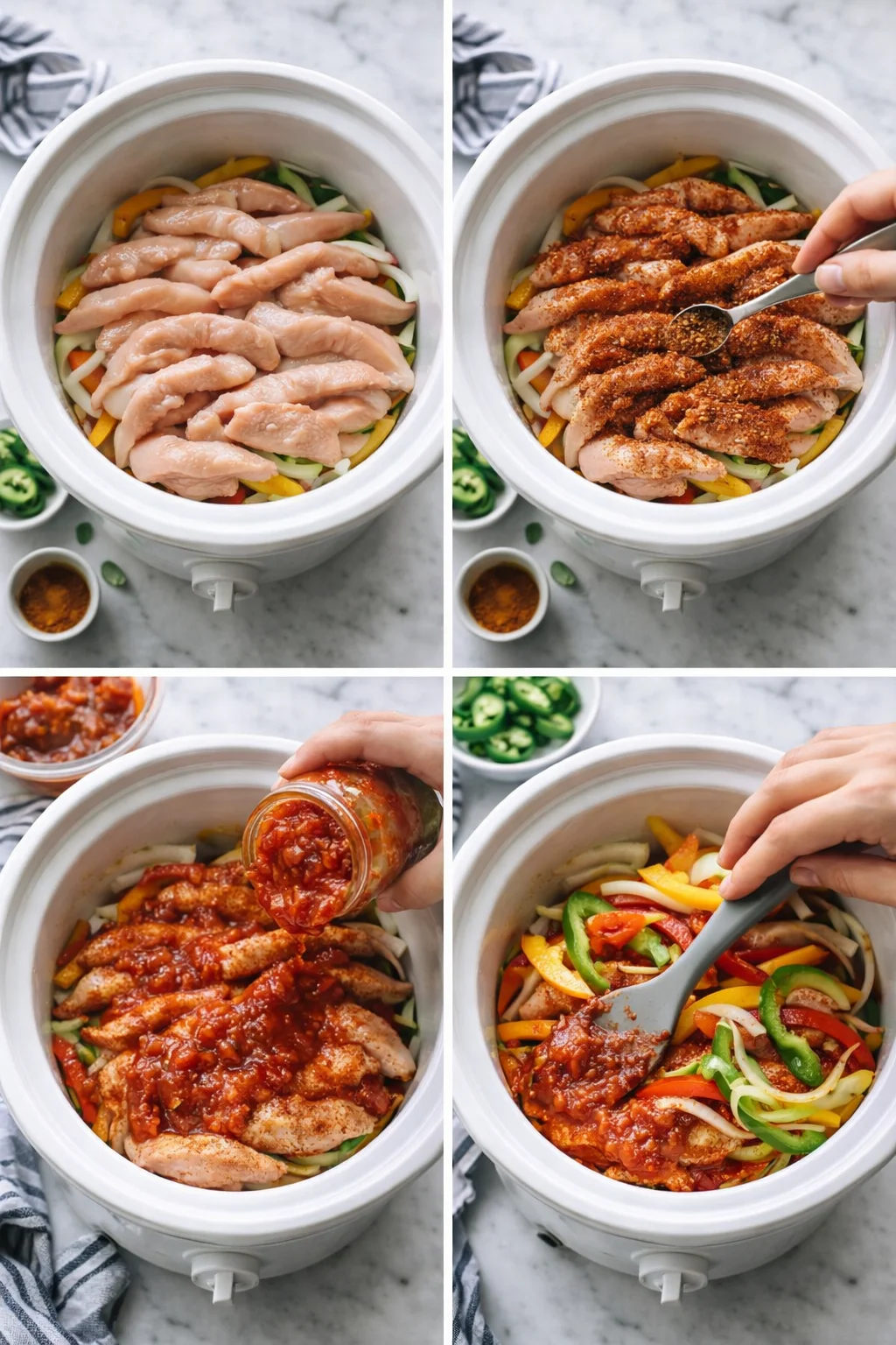 Four-panel collage showing chicken with vegetables in a slow cooker before and after seasoning and sauce.