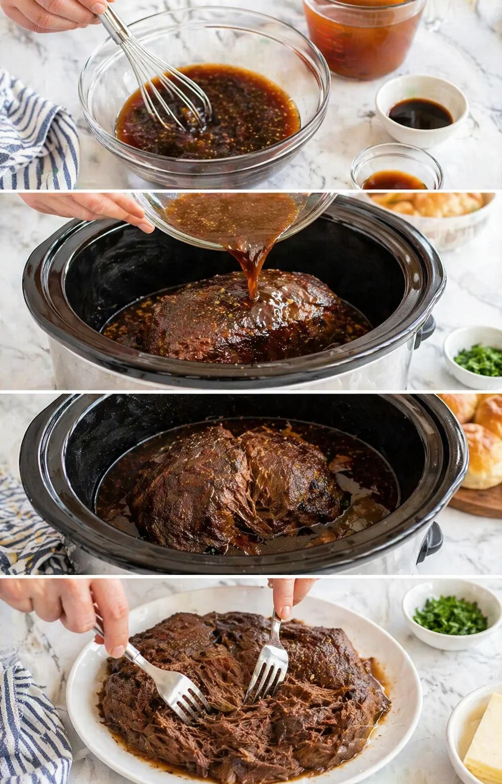 Collage of steps: whisking dark glaze, pouring over beef in a slow cooker, then shredded beef plated.