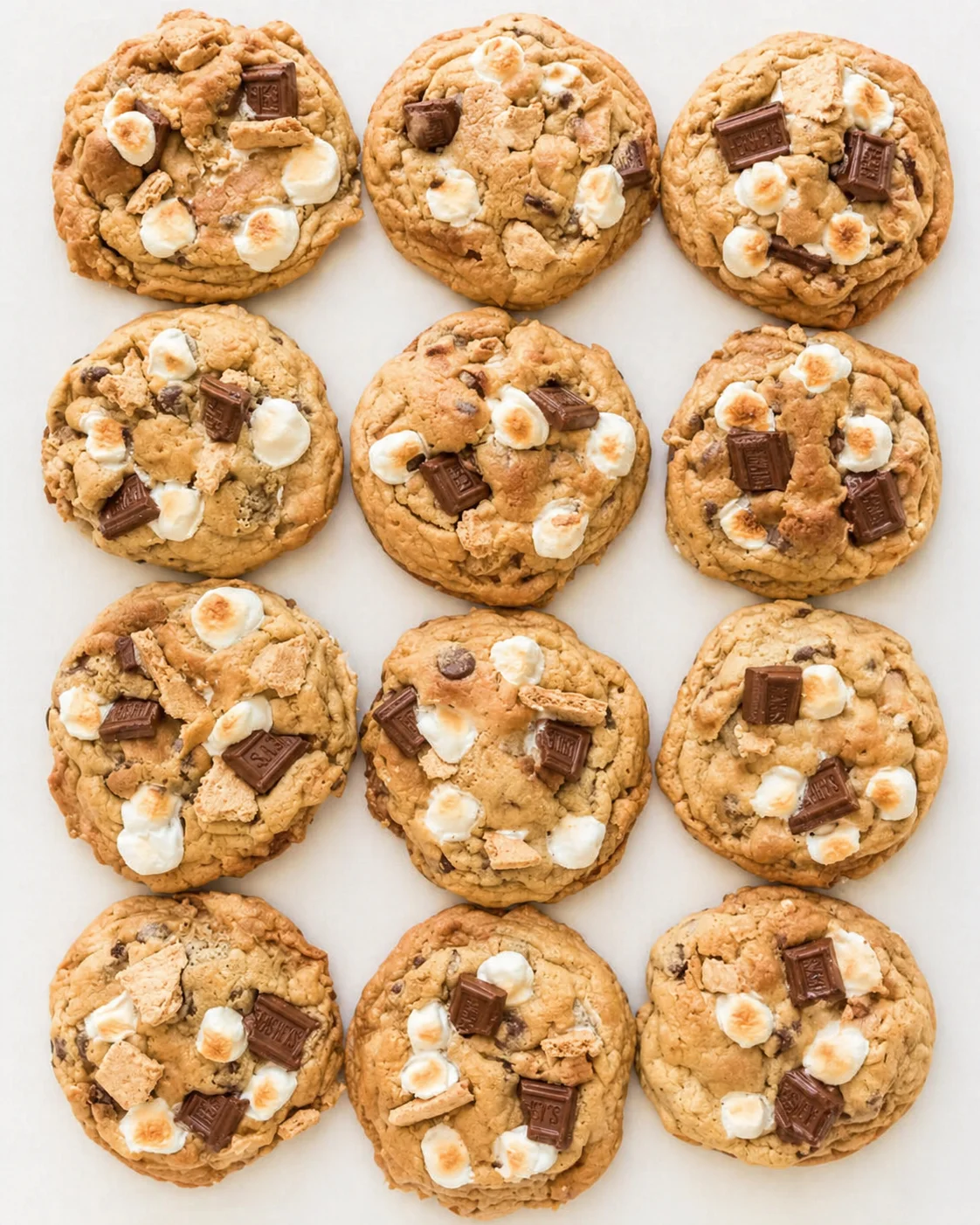Top-down view of twelve s'mores cookies topped with toasted marshmallows and chocolate chunks.