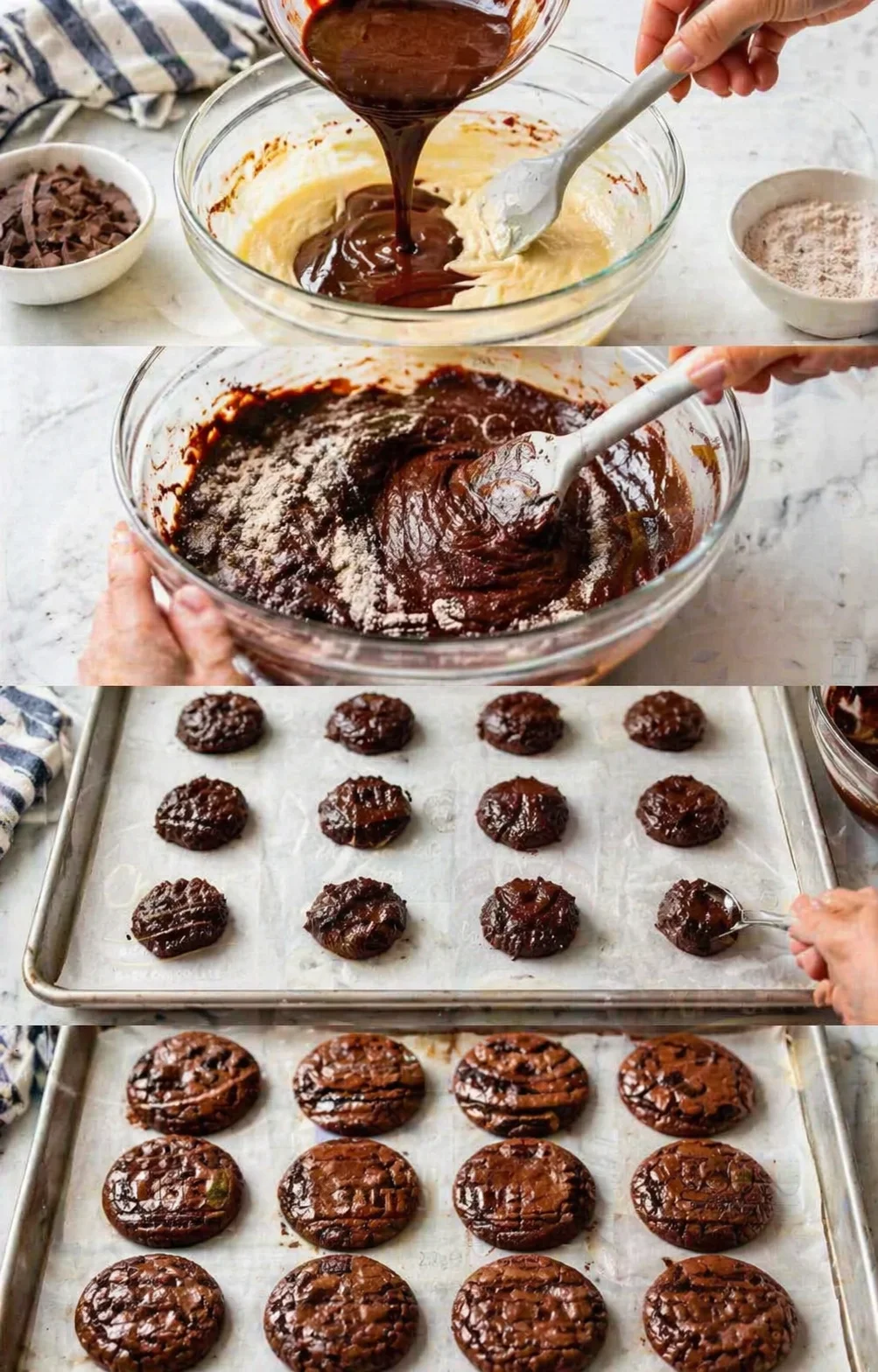collage showing chocolate cookie-making processes: batter mixing, scooping onto a parchment tray, and baked cookies.