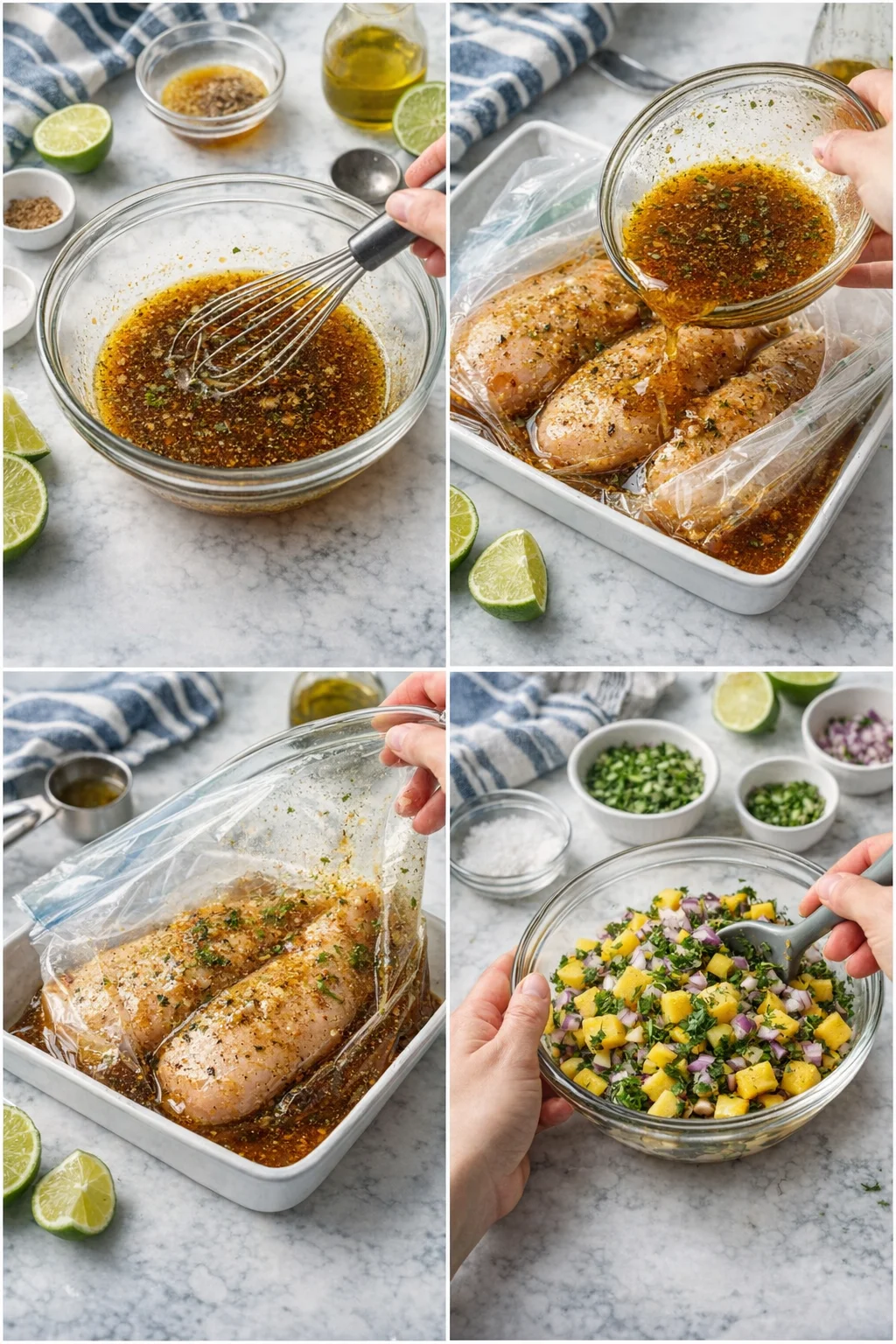 Four-panel kitchen collage showing chicken marinating, being bag-sealed, and mango salsa preparation.