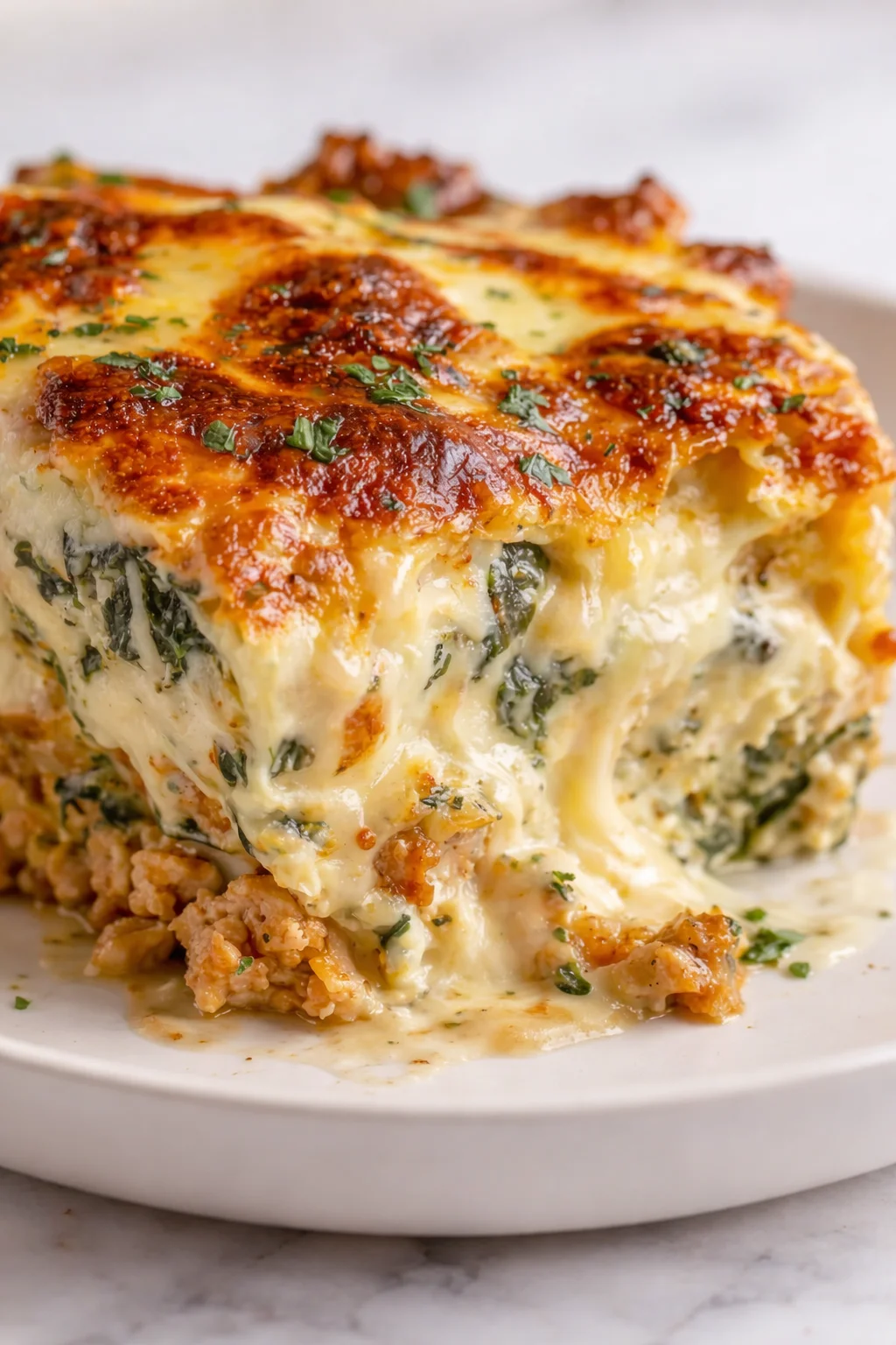 Close-up of a baked spinach-ricotta lasagna slice on a white plate, golden crust and creamy interior.
