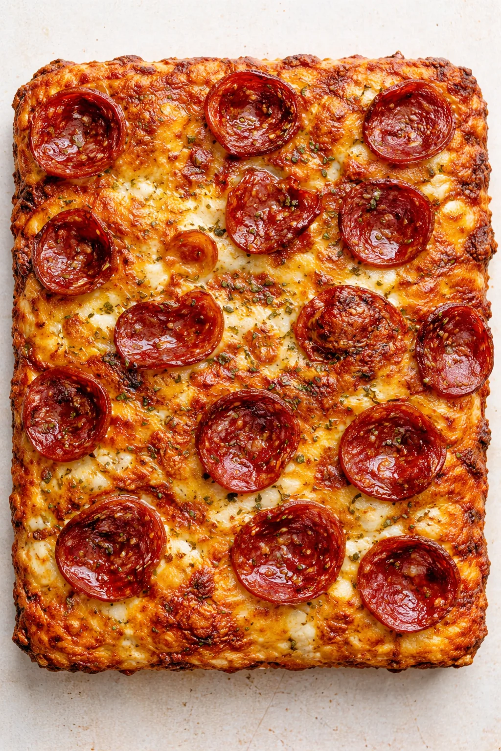 square pepperoni pizza with browned crust and bubbly cheese on a light surface