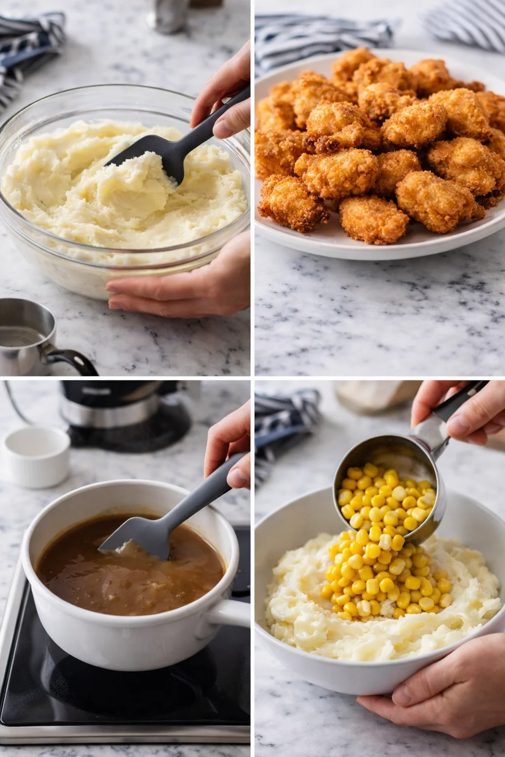 Collage showing mashed potatoes, crispy chicken bites, gravy, and corn being added.