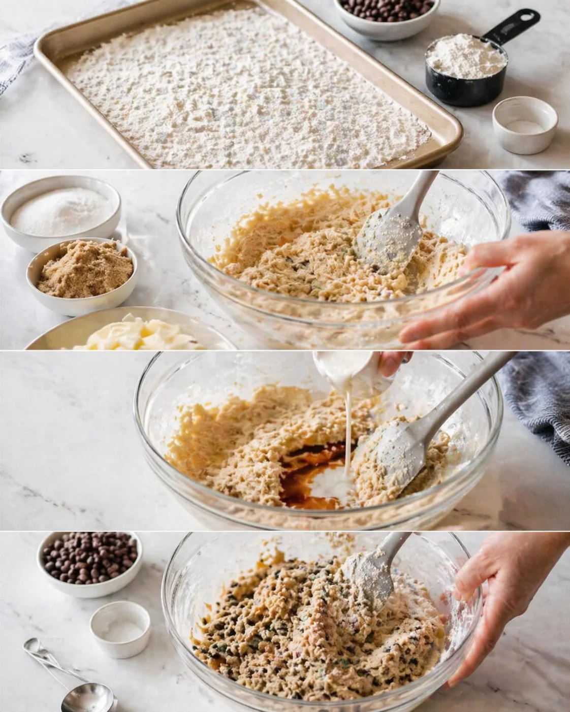 collage of cookie-bar making steps with flour-dusted sheet, mixing dough, and chocolate chips