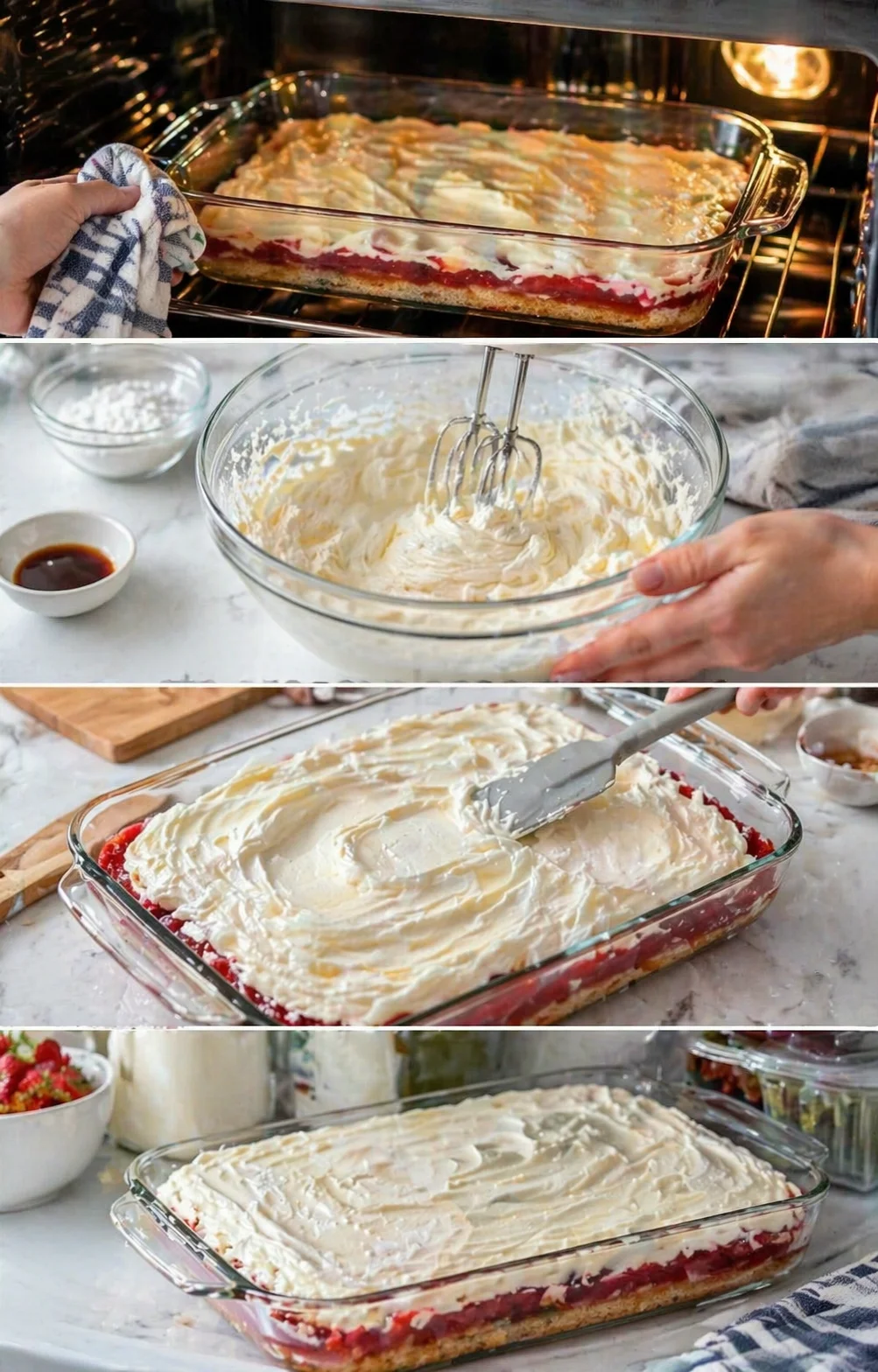 Collage shows layered strawberry dessert being assembled with whipped cream topping in a glass dish.